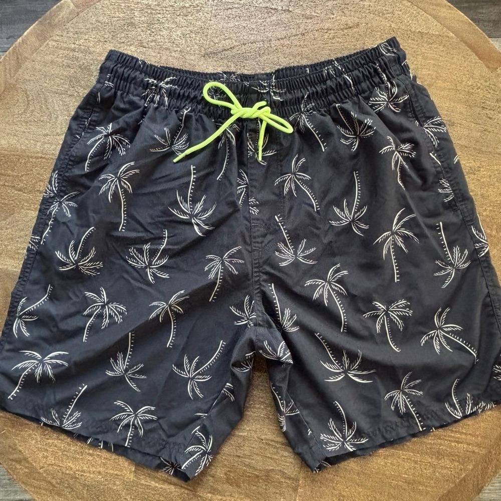 Men's Black Palm Tree Swim Trunks Medium